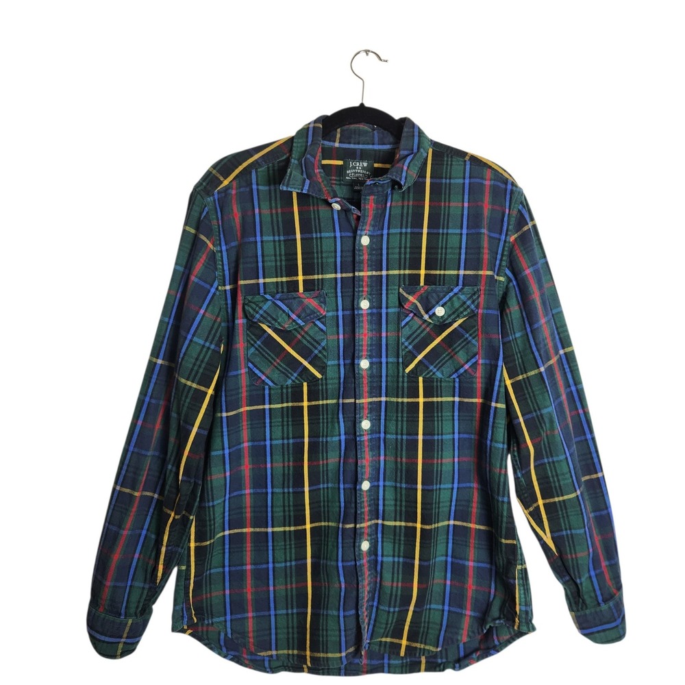 J.Crew Mens Heavyweight Flannel Shirt Large Green Blue Yellow Plaid Button Down